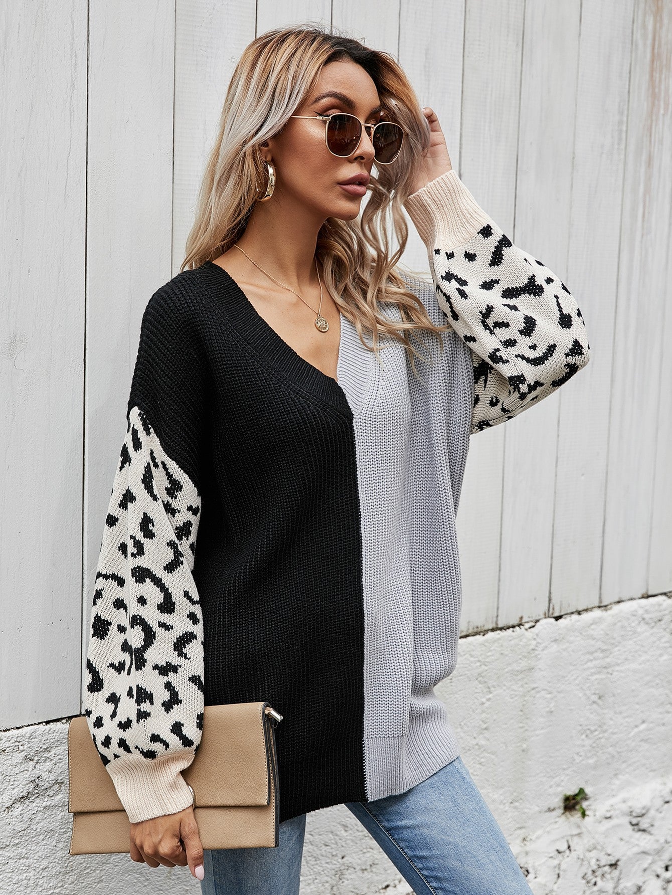 Leopard Color Block V-Neck Tunic Pullover Sweater