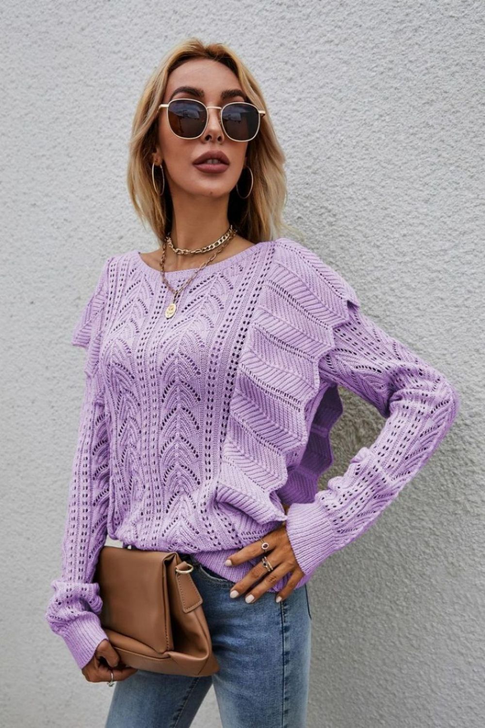 Openwork Round Neck Ruffled Sweater