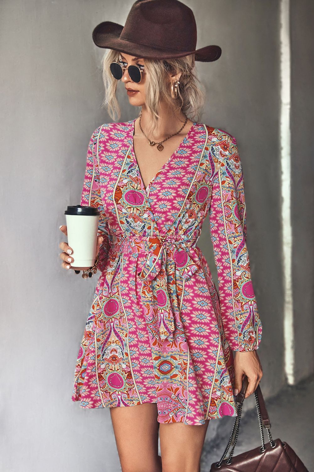 Printed Long Sleeve Belted Mini Dress