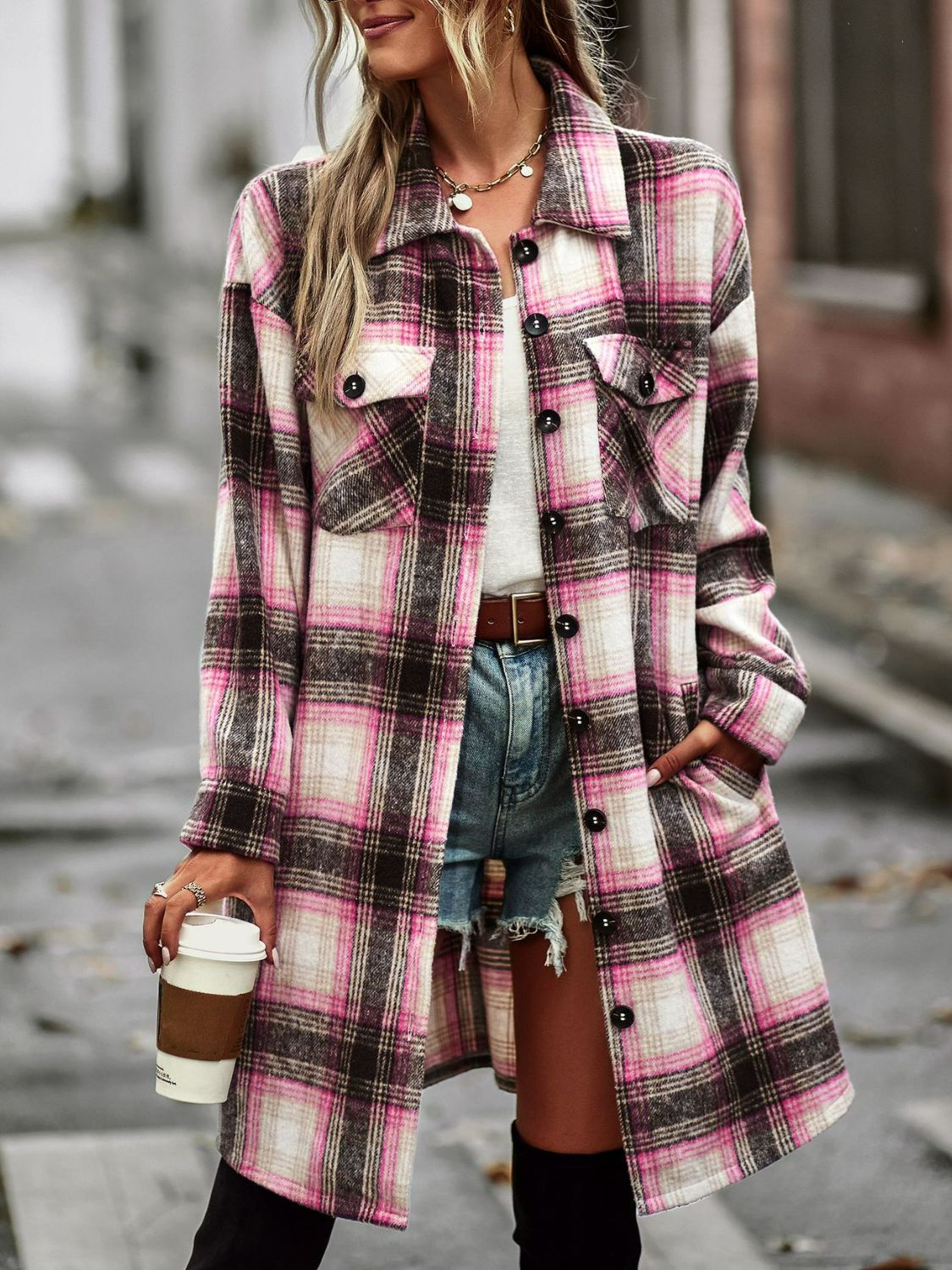 Plaid Button-Up Longline Jacket with Pockets