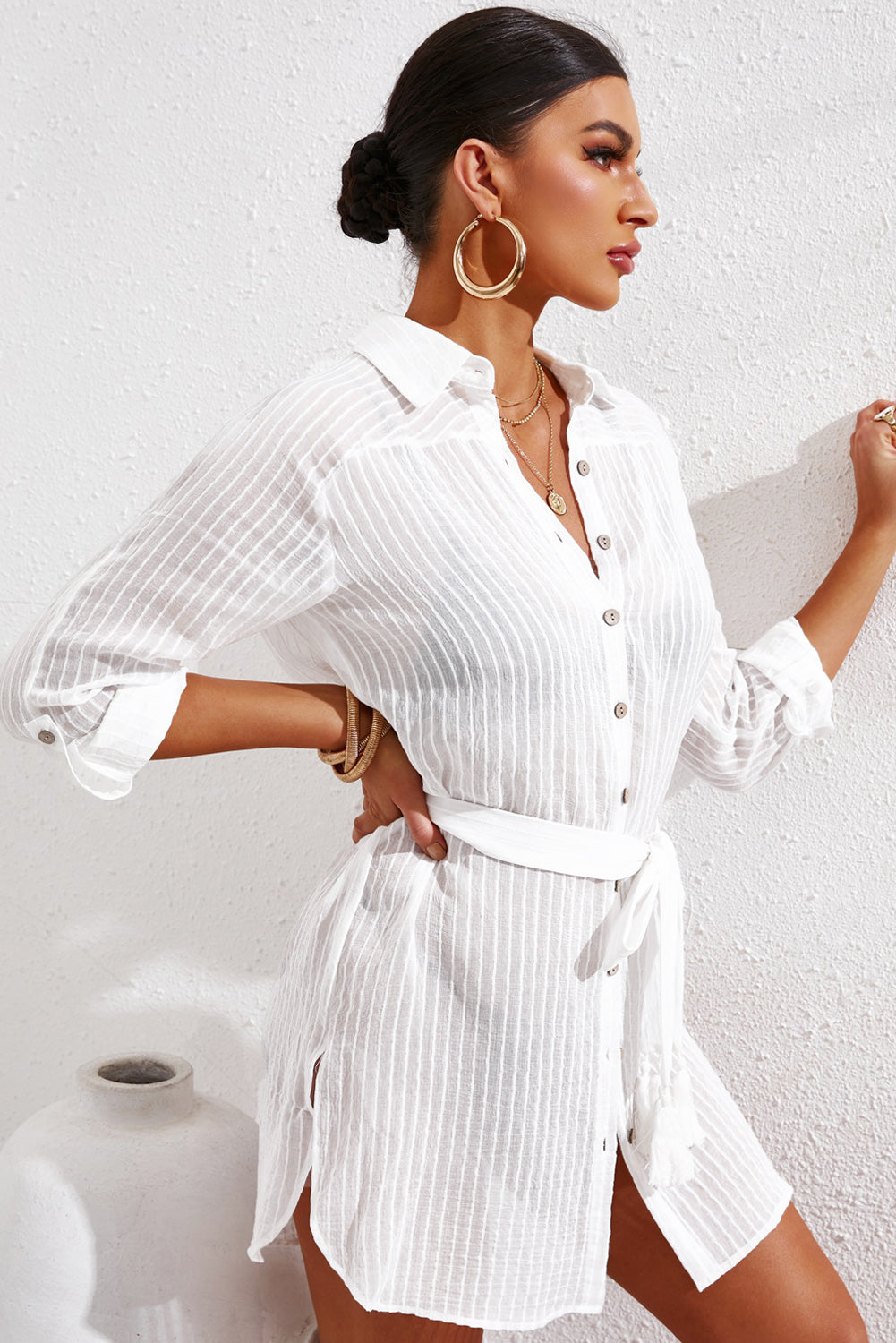 Pinstripe Tie Waist Slit Shirt Dress